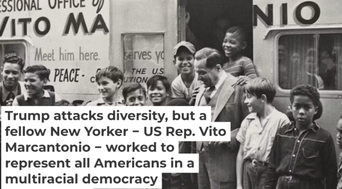 Vito Marcantonio appears in front of his office on First Avenue in New York City in 1948. The New York Public Library Digital Collections